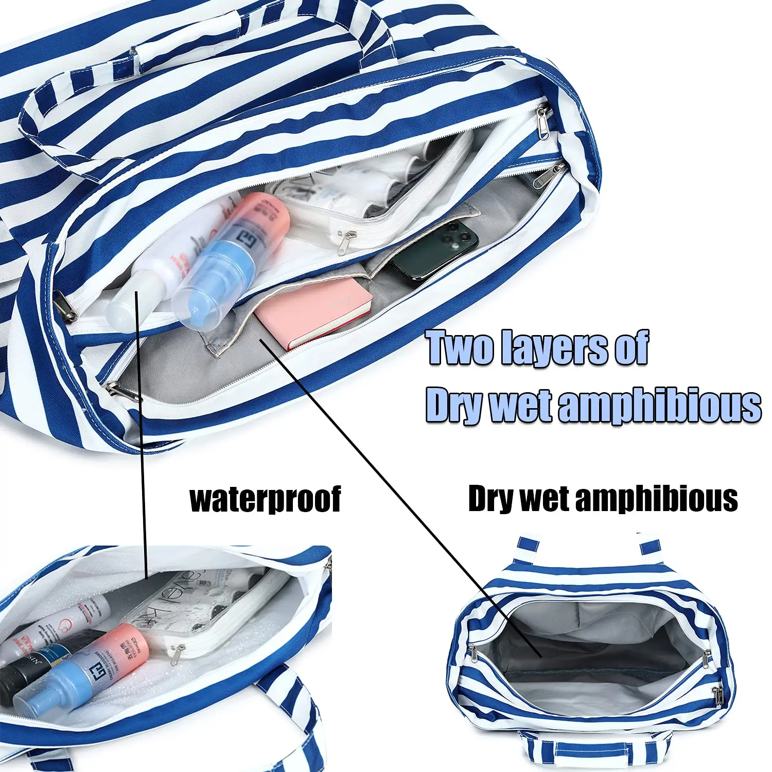 Washable Multi Pockets Beach Bags Personalized Women Waterproof Zipper Beach Tote Bag for Gym Sport Shopping Travel