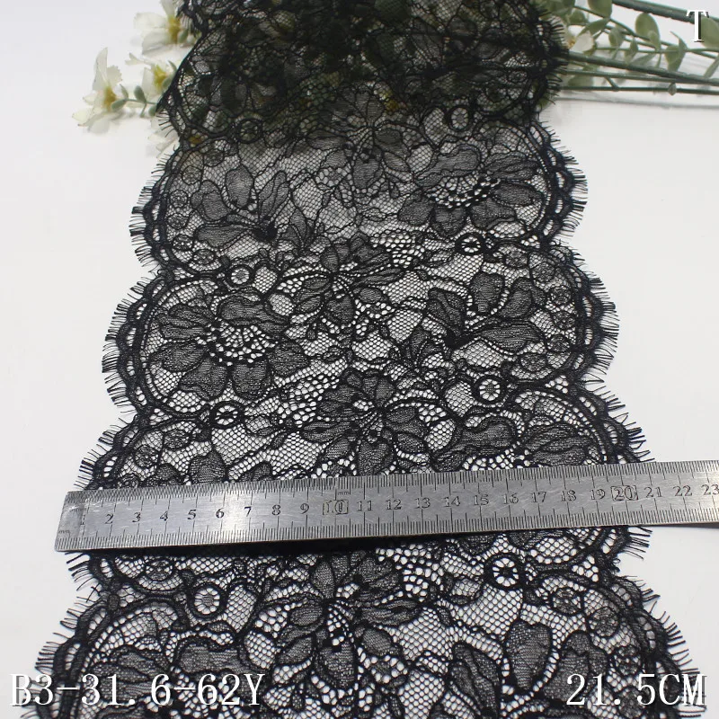 Factory Price 21cm Black French Floral Lace Trim Chantilly Eyelash Nylon Lingerie Lace Fabric for Abaya Sheila Evening Dress