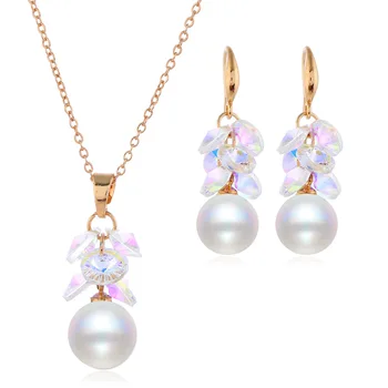 New Design Pearl Necklace Sets Jewelry Mother's Day Gift Zircon Crystal Pendant Metal Necklace Earring Set Wholesale