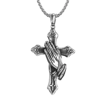New Style Hands Prayer Cross Vintage Necklace Christian Black Pendants Necklace For Men