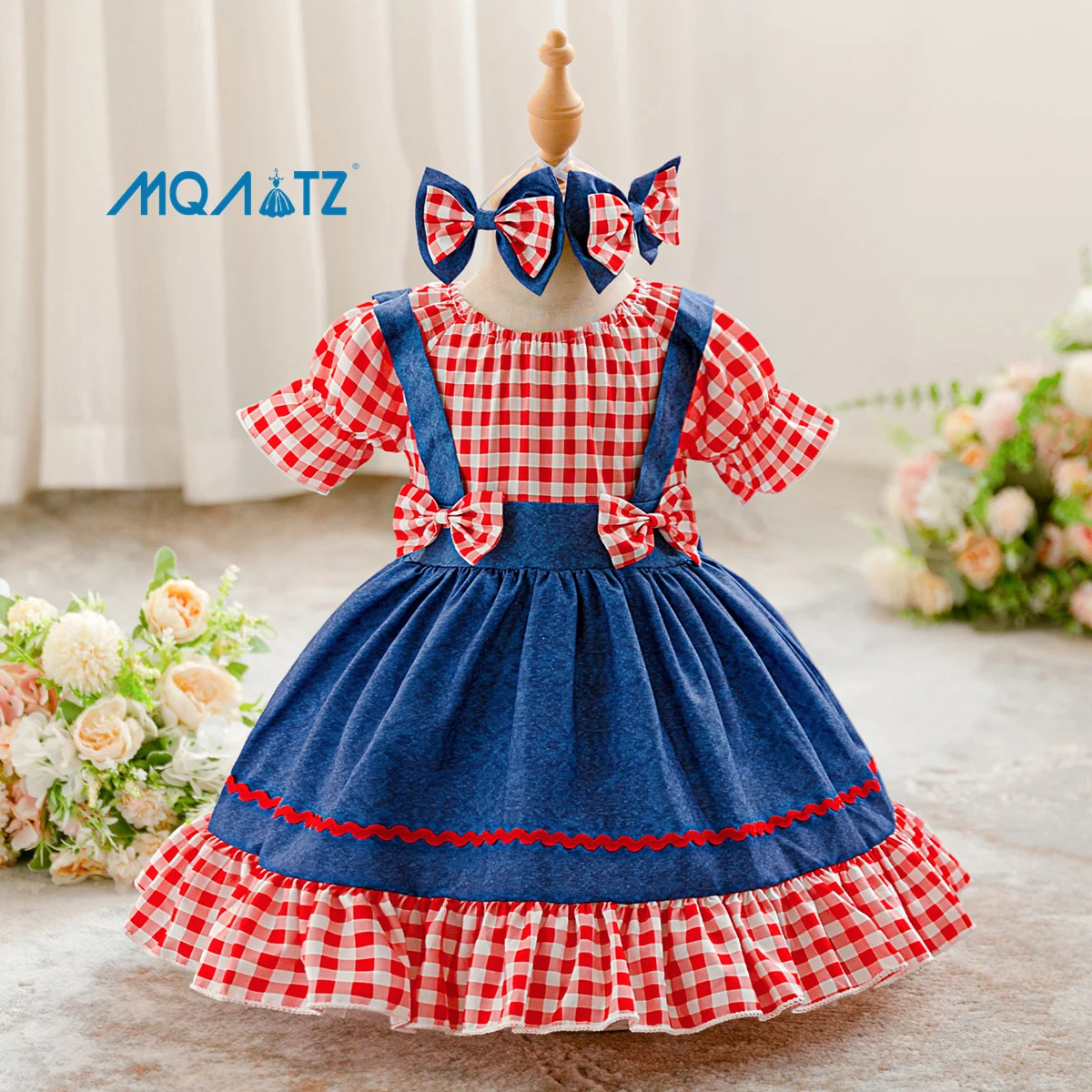 MQATZ Popular Girl Western Dress Red White Blue Gingham Cowgirl