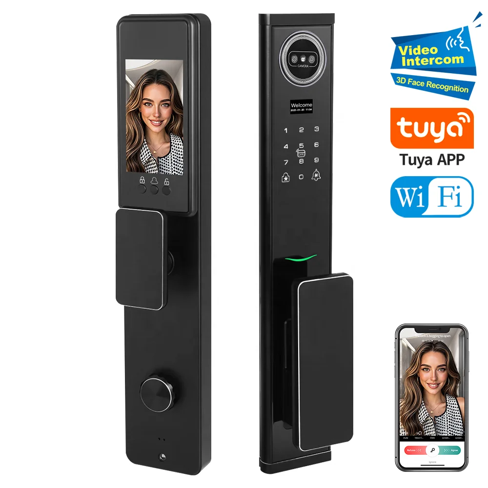 Factory 3D Face Recognition Tuya WIFI Smart Door Lock With Camera and Fingerprint Video Intercom CNC Material Security Door Lock L002 CNC