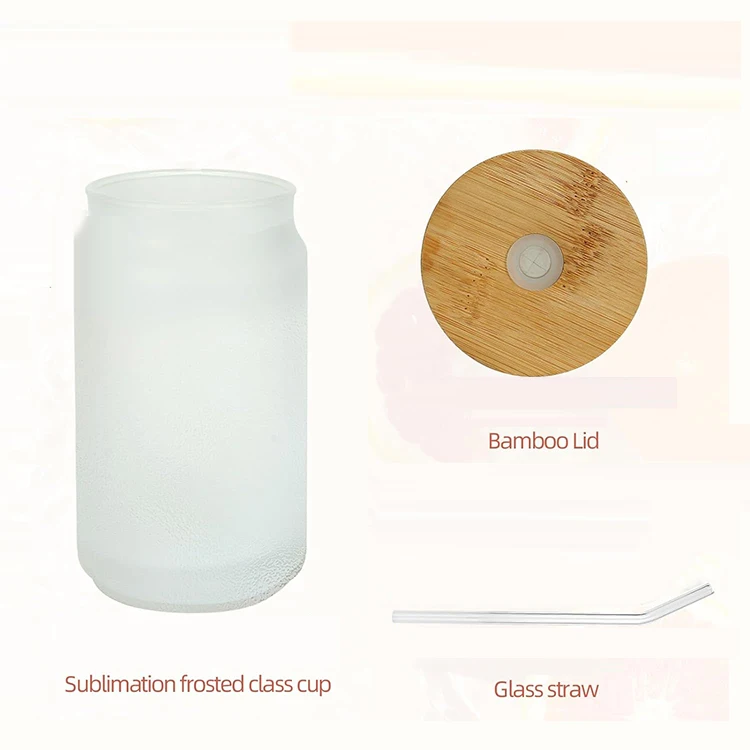 12oz 16oz Clear Frosted Borosilicate Glass Beer Can Cup With Bamboo Lid ...