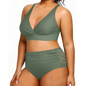 Wholesale 2-Piece Florally Printed Bikini Set for Plus Size Women Maillot De Bain with Front Logo for Fat Women Swimsuit