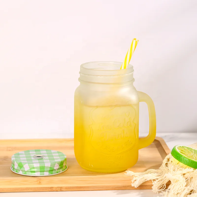 Reusable 16oz 450ml Colored Mason Glass Juice Drinking Jar With Straw Lid Glass Mug for Iced Lemon Water Juice Drinking