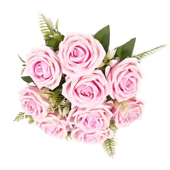 YIWAN wholesale 9 coated cloth roses silk Bouquet Flower Bunch Artificial plant fake Flowers for home wedding decoration