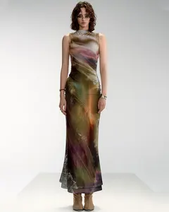 Mesh Printing Double Layer Elegant Women Maxi Dress Fashion Sexy Bodycon Club Party Evening Long Dress