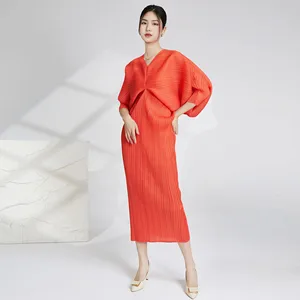 High Quality Wholesale Miyake Women Batwing Sleeve Dress Pleated African Elastic and Loose Casual Style Dress