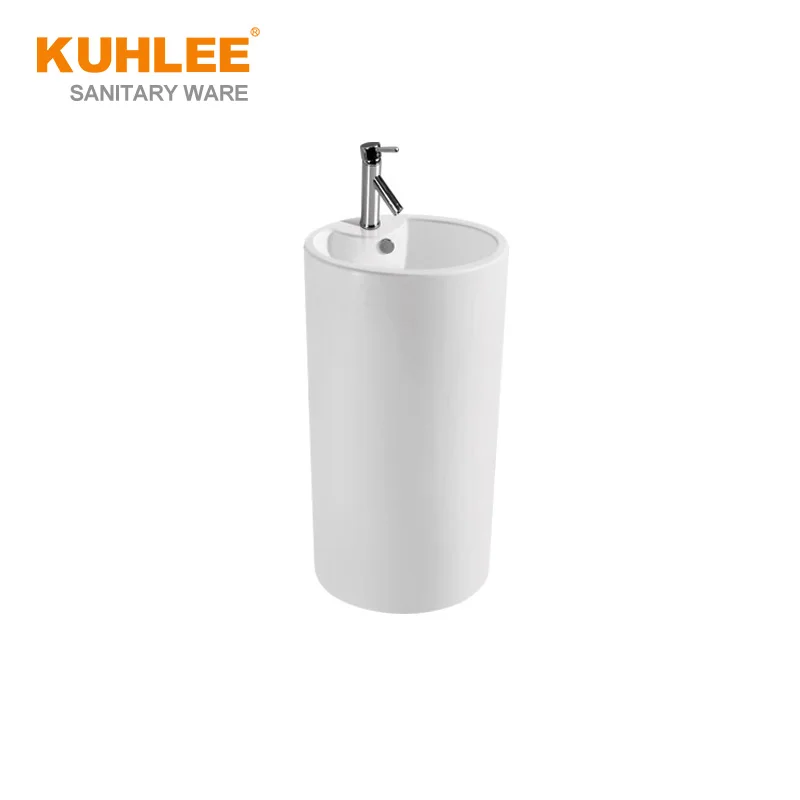 Modern Hotel Freestanding One Piece Sanitary Ware Round Bathroom Ceramic Hand Wash Sink Pedestal Basin