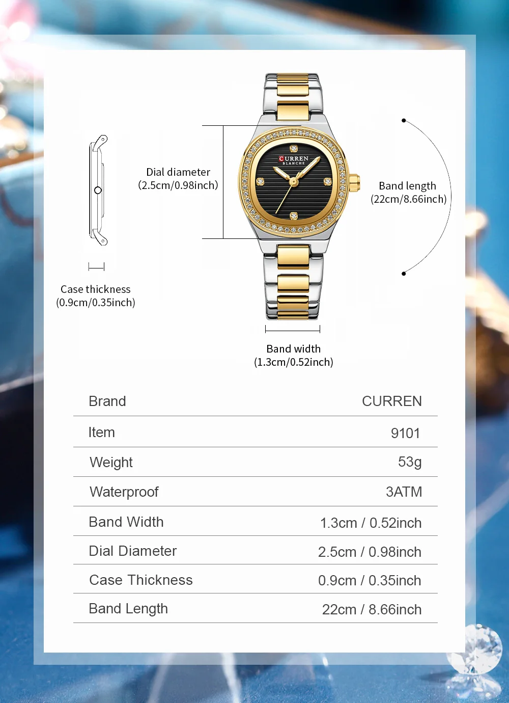 Curren 9101 Square Small Dial Luminous Hands Luxury Diamond Waterproof Stainless Steel Beauty Style Original Watch for Women
