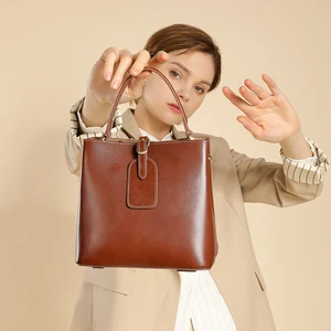 Handtaschen Supplier Custom Two Straps Waterproof Cross-Body Women Vintage Genuine Leather Adjustable Strap Bucket Bag