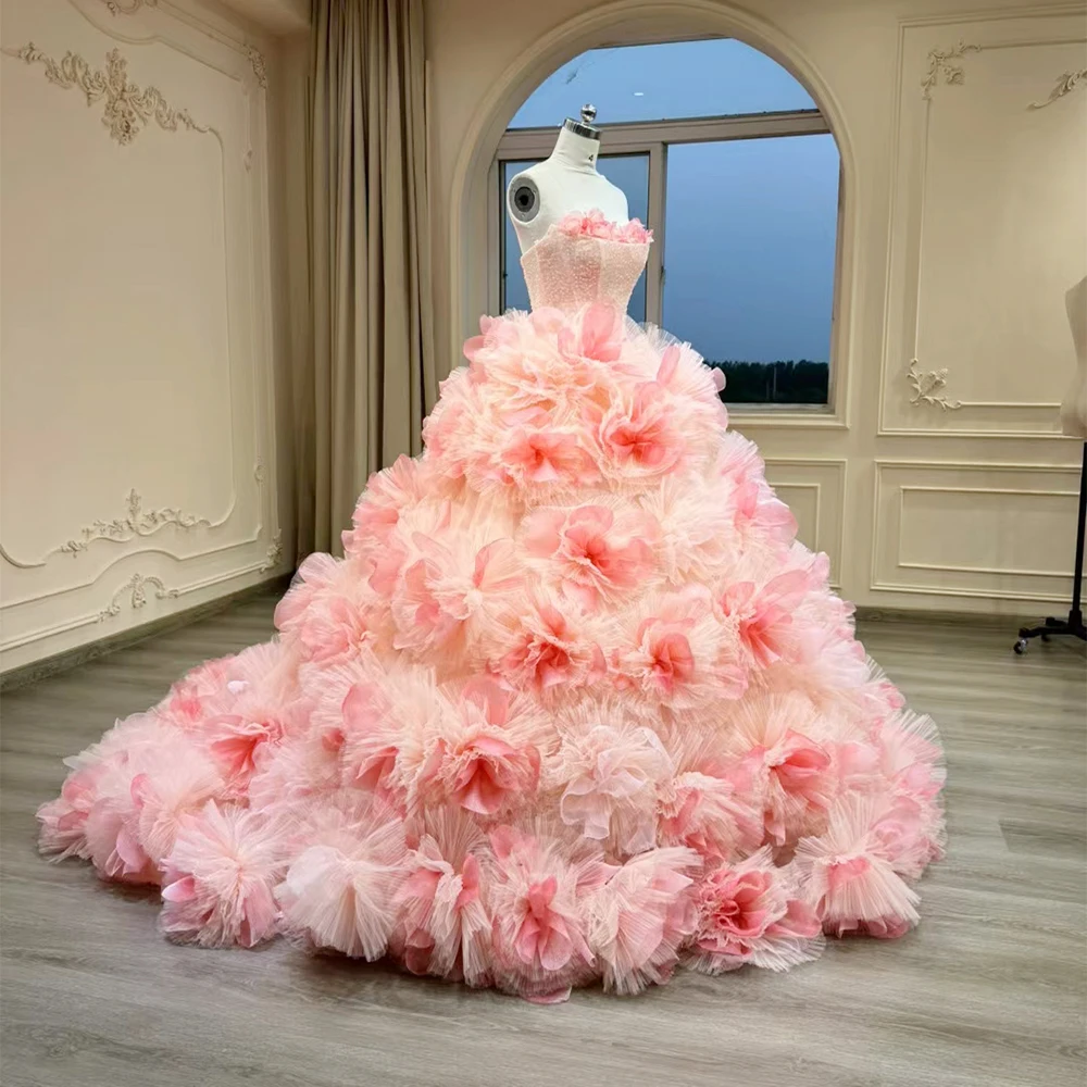 Pink Organza Floral Puffy Tulle Women Prom Dress Long Ball Gown Extra  Fluffy Formal Party Dresses Yl0009