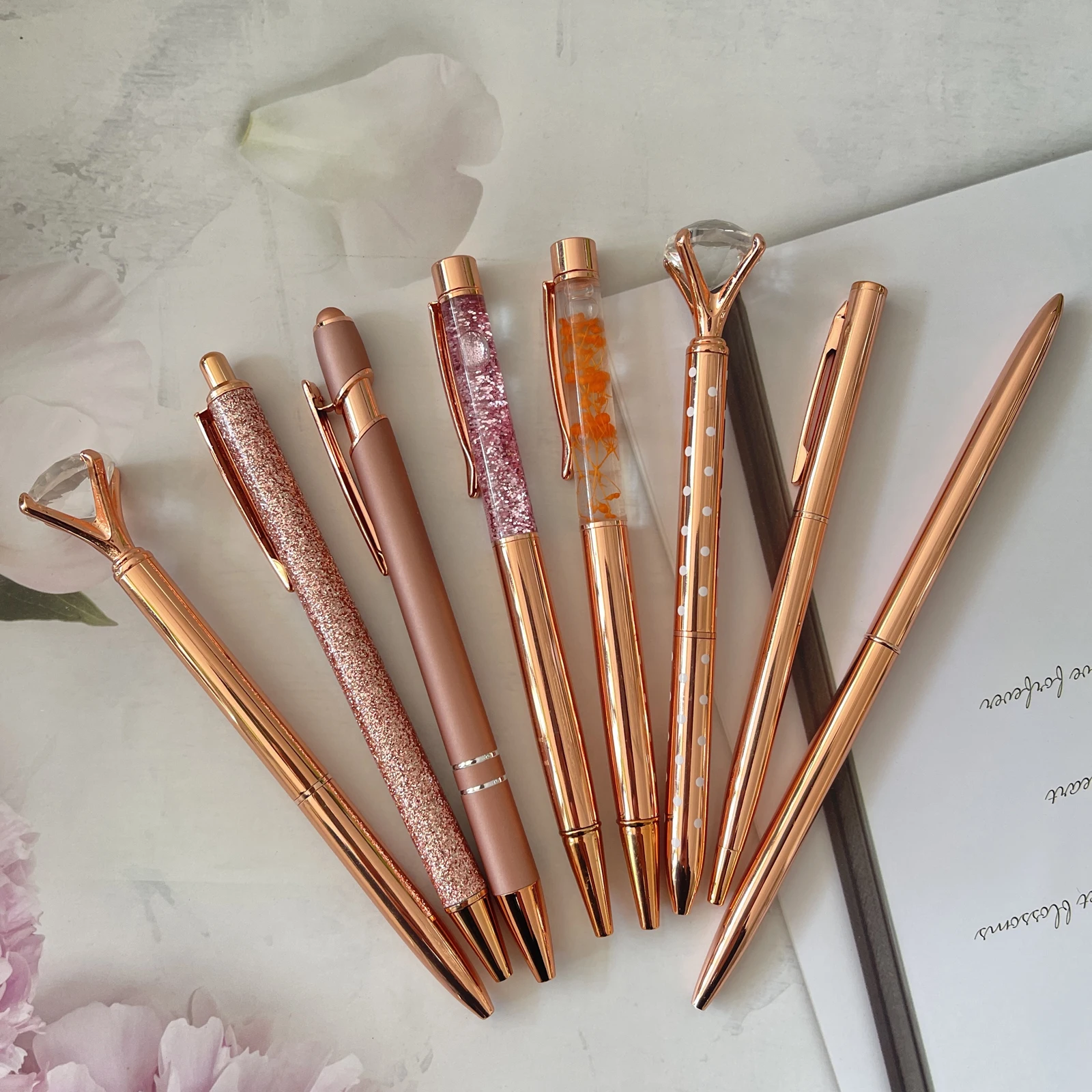 8 Pcs Rose Gold Ballpoint Pen Set Liquid Sand Glitter Metal Crystal