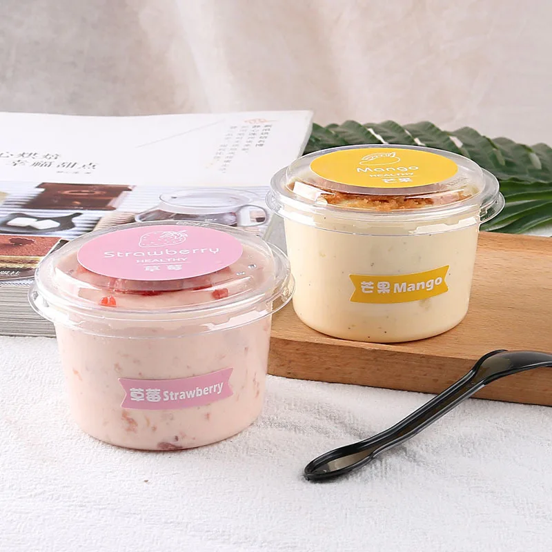 Ice Cream Yogurt Mousse Cup Jelly Pudding Custard Cake Baked Goods Grade Blister PET Dessert Packaging Round Cup with Spoon