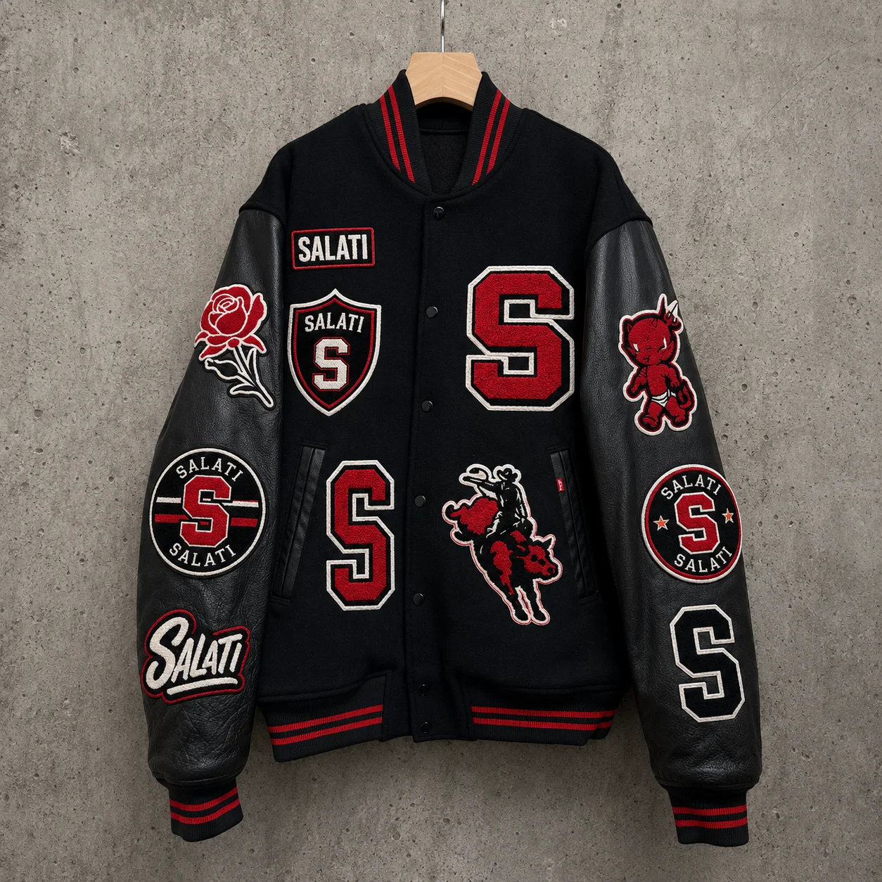 Custom Black Red Baseball Jacket Embroidered Badge Letter Graphic Patchwork Contrast Sleeve Ribbed Cuff Streetwear Men Jackets gallery 7