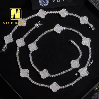 NEW Clover Bracelet VVS Moissanite Tennis Necklace Clover Jewelry Set 925 Hip Hop Iced Out Jewelry 18k Gold Plated Necklace 3mm