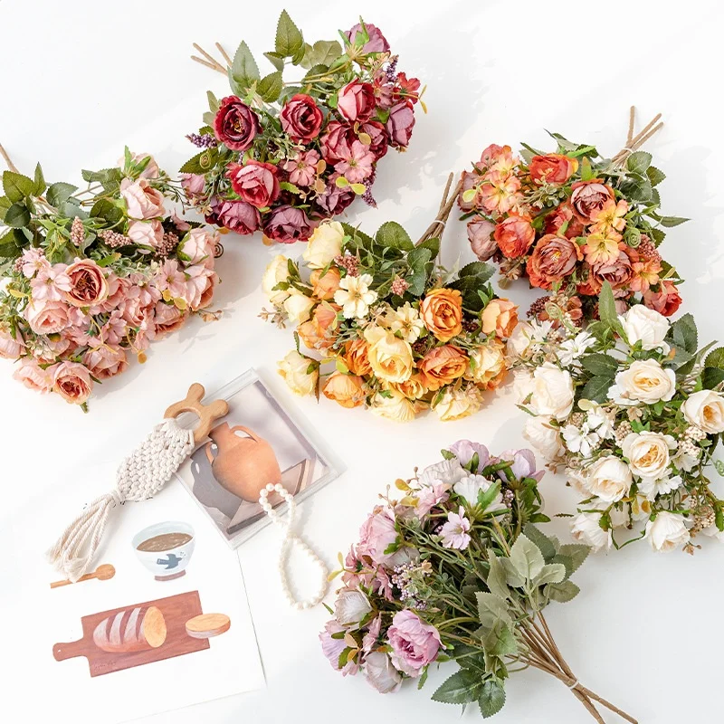 Small Single Pomegranate Rose Artificial Silk Flower Arrangement Bionic Flower Ornament Bamboo Bouquet Decorative Chopping Block