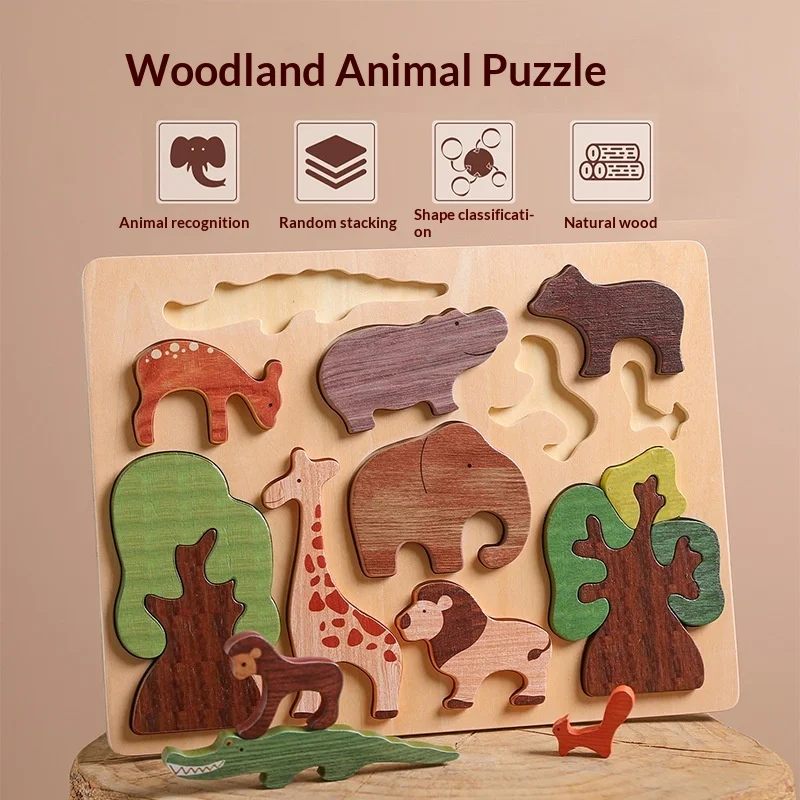 Custom Baby Early Education Wooden Forest Animal Jigsaw Montessori Puzzle Educational Toy for Kids Children Wholesale