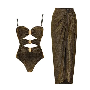 2026 European American Floral Handmade Bikini Women's One-Piece High Waist Bandeau Slim Long Skirt Conservative Tight Hard Bag