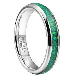 Coolstyle Jewelry Wholesale 4mm Tungsten Rings for Women Men Genuine Green Opal Inlay Fashion Jewelry Engagement Wedding Bands