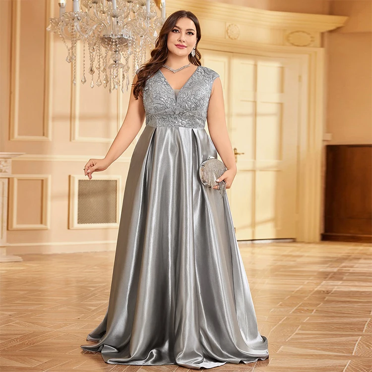 IMPEREAL Plus Code Luxury Gray Satin V-Neck Formal Evening Dresses Women  Party Prom Dress Long Cocktail Gowns for Lady Elegant