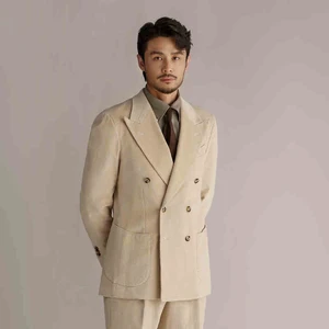 Naples Double Breasted Corduroy Suit for Men Winter Business Leisure Retro Fleece Suit