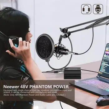 Neewer 1Channel48vPhantom Power Black with Adapter and Audio Cable for Condenser Microphone Music Recording Equipment detail image