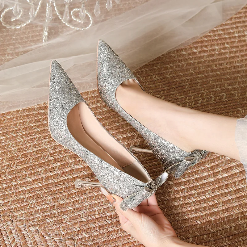 Luxury Silver Glitter Pointed Toe Stiletto Ladies Pumps HIgh Heels Wedding  Shoes for Bride