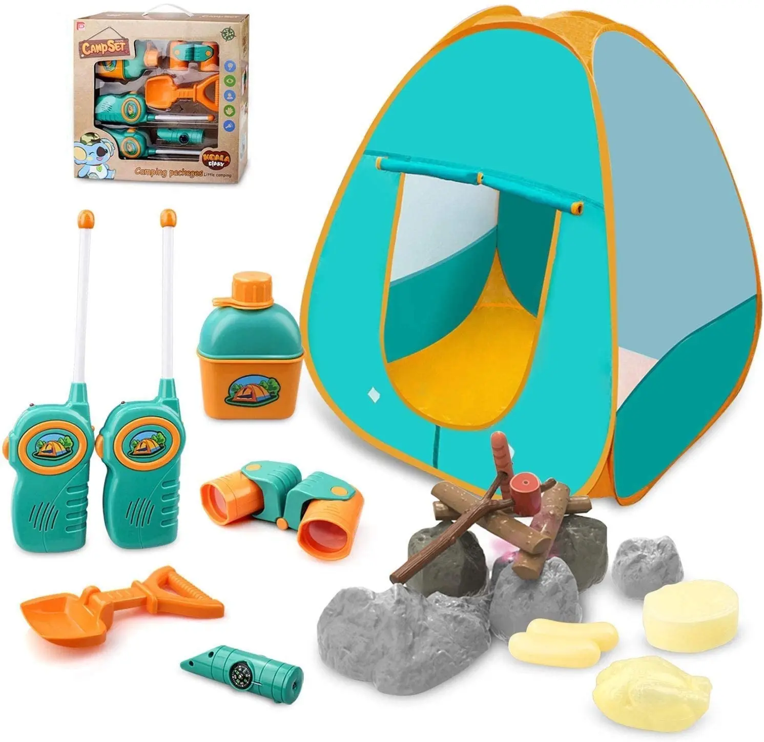 Qtioucp Kids Camping Set 50pcs with Tent & Space Projector Flashlight-  Outdoor Campfire Toy Set for Toddlers Kids - Pretend Play Camp Gear Tools  for