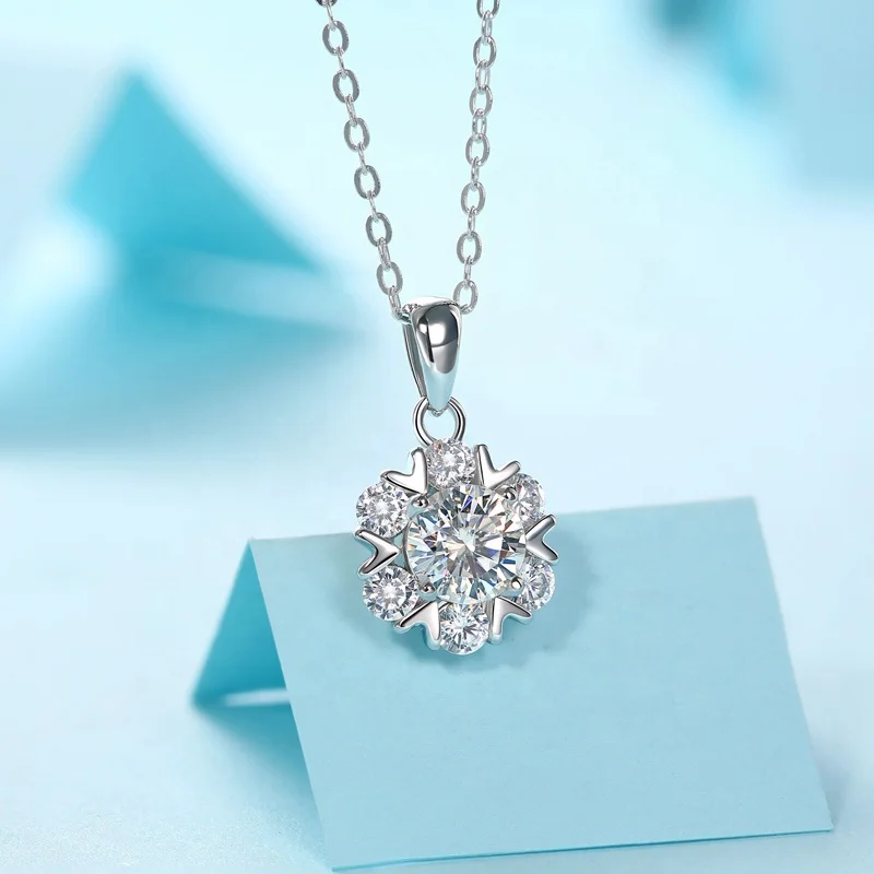 HMOIS crystal necklace silver 925 sterling 1.0ct round moissanite chain necklace for women