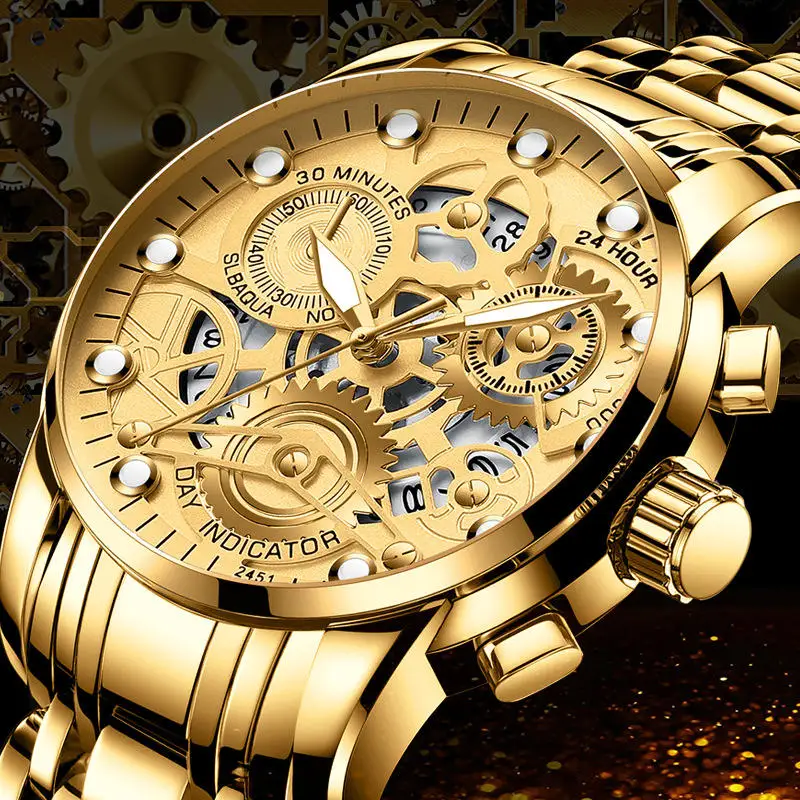 VAVA VOOM Gold Men's Watch Hollow Trend Quartz Stainless Steel Waterproof Luminous Fashion Wrist Watches for Men