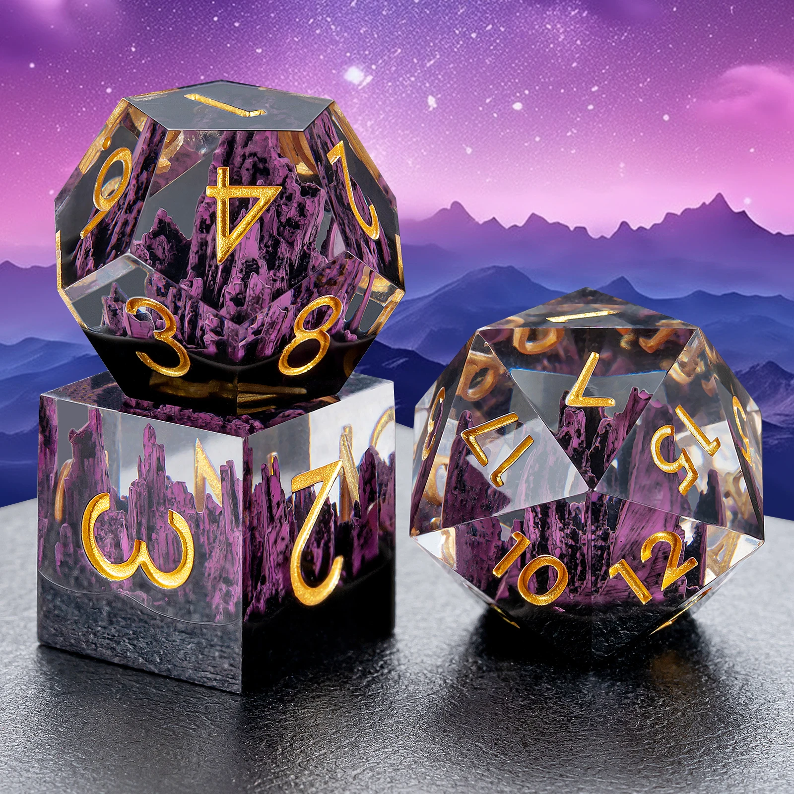 Wholesale Purple Clear Resin Sharp Edge Dice Set Custom Polyhedral Shape for Dnd Role-Playing Game with Mountain Design supplier