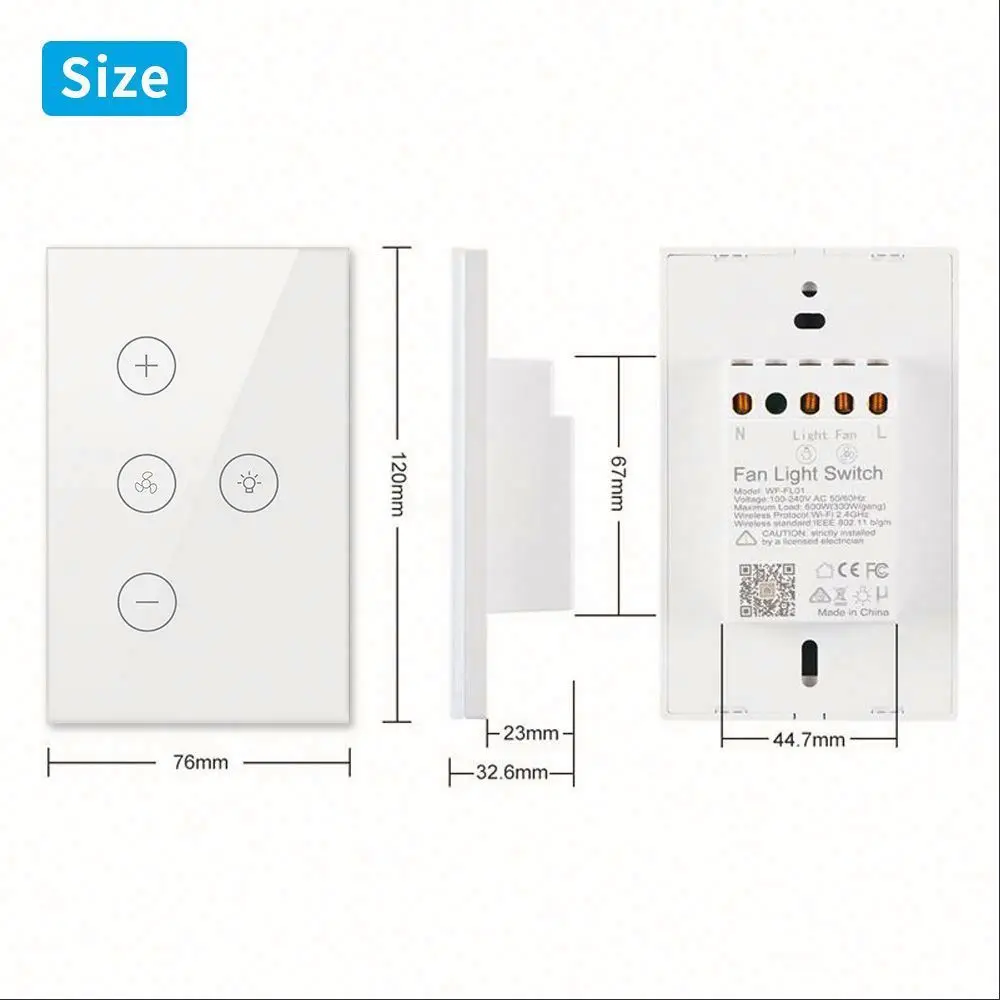 Tuya Smart Life APP Control US Standard  WiFi Wireless Smart Ceiling Fan Light Lamp Switch Compatible with Alexa and Google Home
