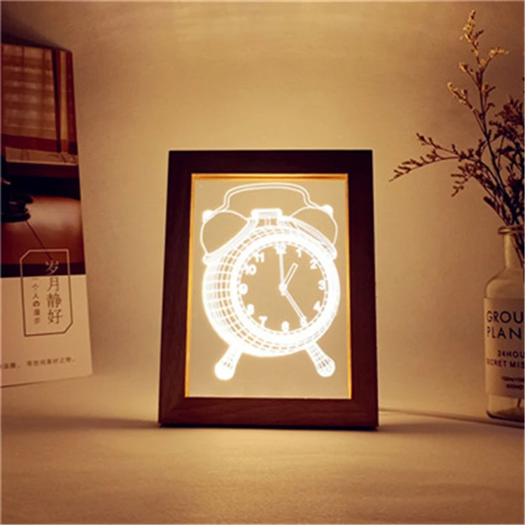 Customize Abstract Photo Frame Laser Cut Acrylic Led Night Lights 3D Wood Frame Optical Nigh Lamp Gift