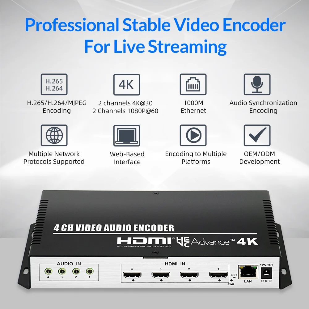 4 Channels 4K30 HDMI to IP Video Encoder H.265/H.264 HEVC IPTV Live ...