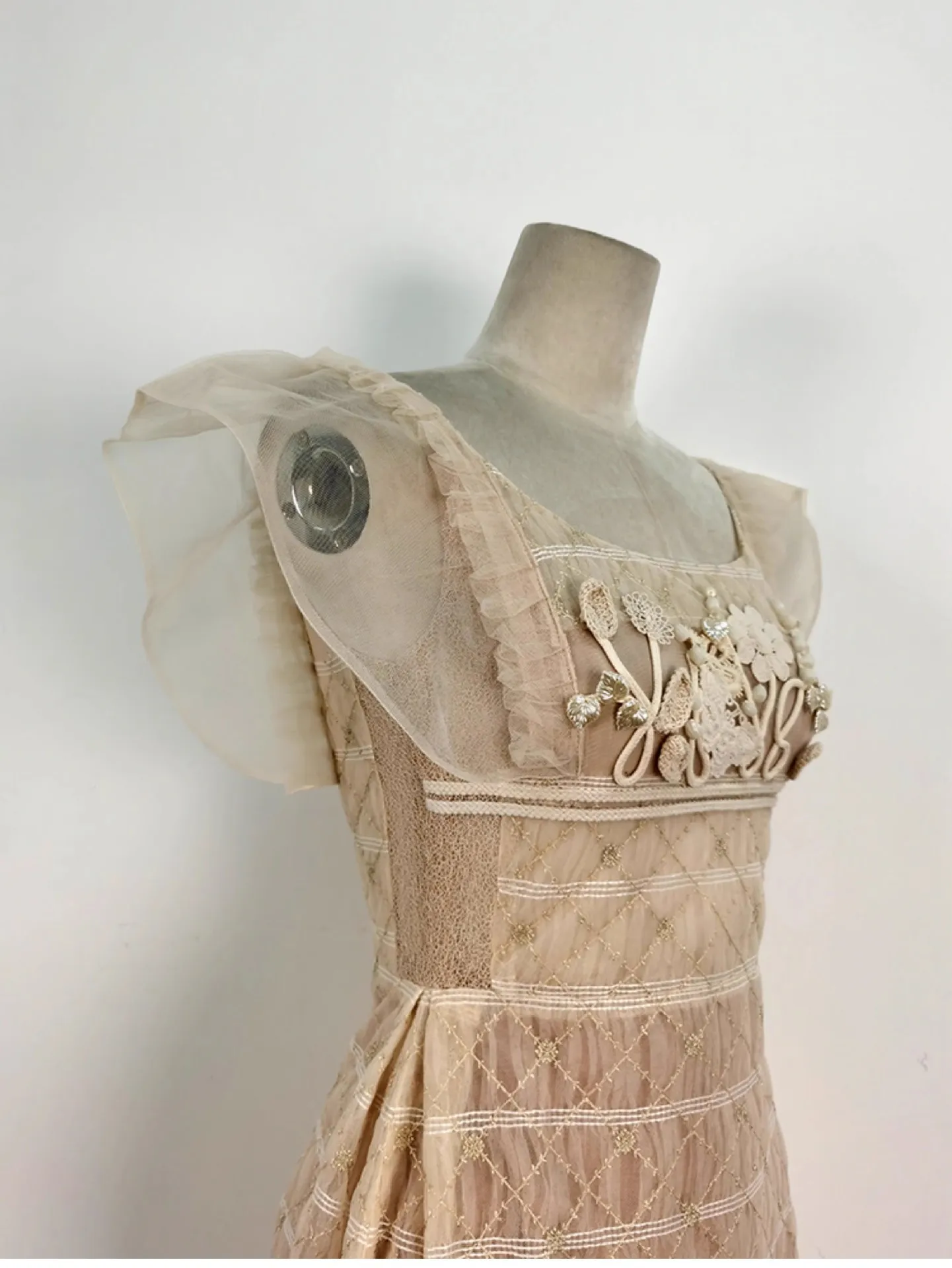Vietnamese Designer's Maxi Fairy Dress with Flying Sleeves Square-Necked Butterfly Lace Mesh Painted Technique Vietnamese Designer's Maxi Fairy Dress with Flying Sleeves Square-Necked Butterfly Lace Mesh Painted Technique