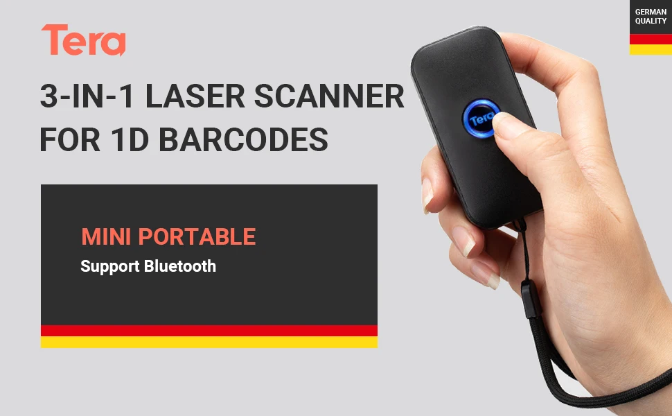 Tera Mini Tragbarer Barcode-Scanner CCD Barcodescanner 3in1 Bluetooth & USB-Kabel & 2,4G Wireless für 1D Barcodes auf Papier & Bildshirm Barcodelesegerät 1100CCD 