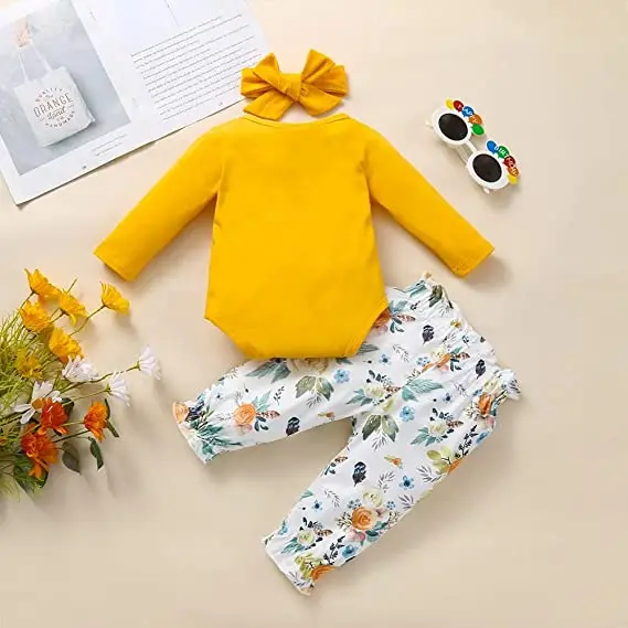 Infant Baby Girl 3PCs Long Sleeve Cotton Romper Flowers Pants with Headband Outfits Set for 0-18Months