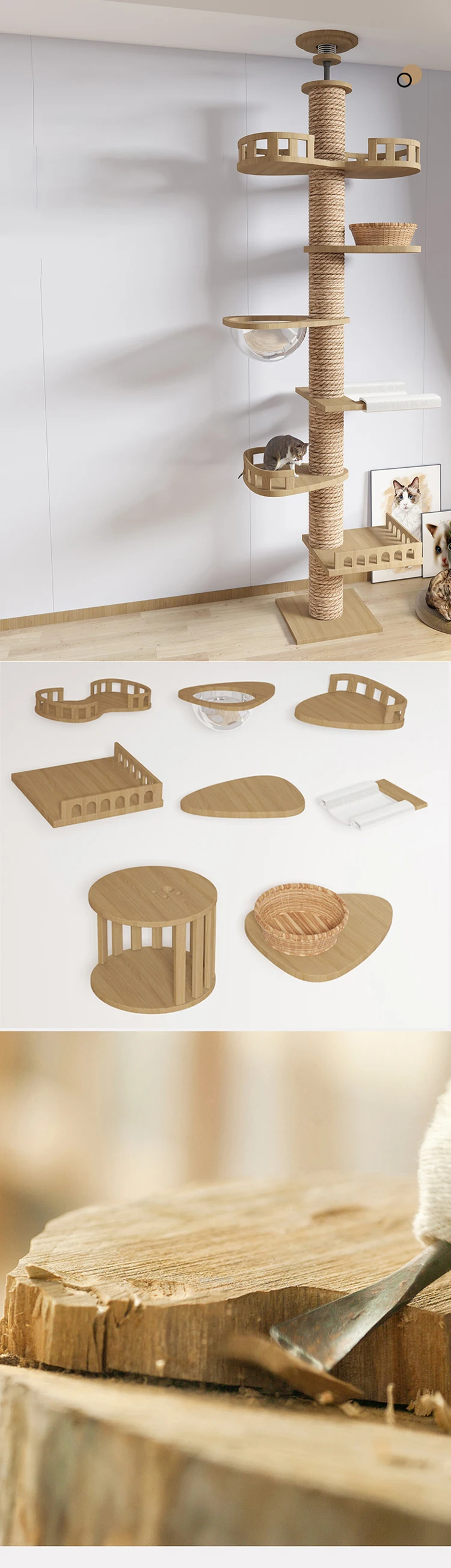Luxury Wooden Floortoceiling Cat Climbing Scratcher Cat Tree Condo