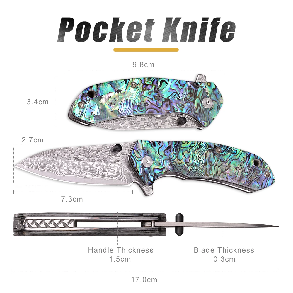 Exquisite Natural Shell Handle Key Knife Damascus Steel Women Portable Self Defense Folding Pocket Knife