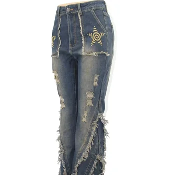 Women's Dark Blue Raw Edge Distressed Denim Pants Flared Vintage Acid Washed Patch Work 100% Organic Cotton Jeans Pants