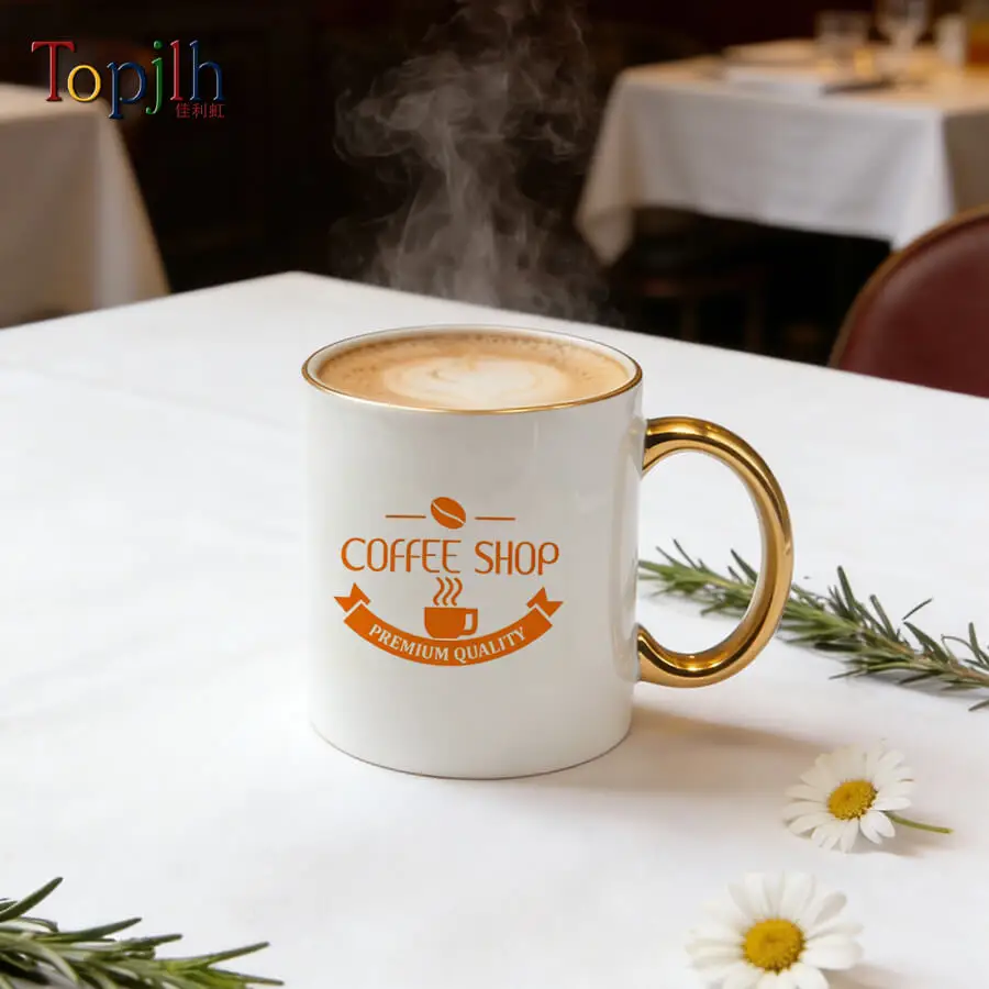 Topjlh Classical Luxury 11oz Gold Handle White Ceramic Mug Sublimation Blank Custom Printable Coffee Cup Wholesale Bulk
