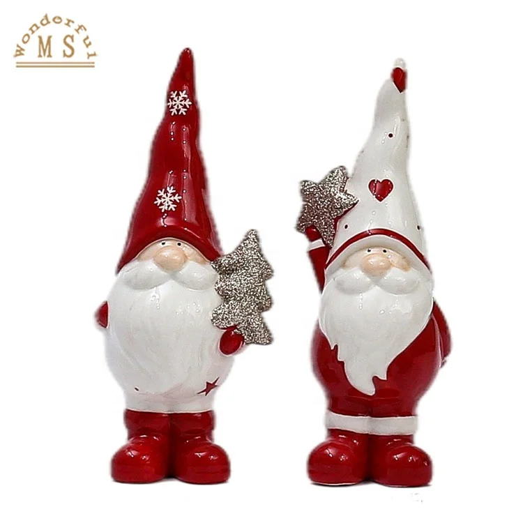 Non-LED Ceramic Christmas Ornament with Red Color Santa Figurine hold with Heart Star and Christmas Tree for Holiday Decoration
