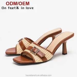 1828-13 Summer Fashion Woven square Toe High-heeled slippers Women Open Toe Elegant Slids Sandals with Thin Heels