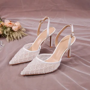 QuiteS 2026 New Style Open Back Strap High Heels Breathable Mermaid Lace Sequin Pointed Toe Sandals Wedding Party Shoe for Women