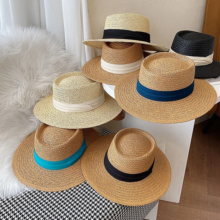 CUSTOM LOGO Plain Portugal Designer Vintage Flat Boater Summer Paper Straw Beach Sun Cap Hat for Crafting Women