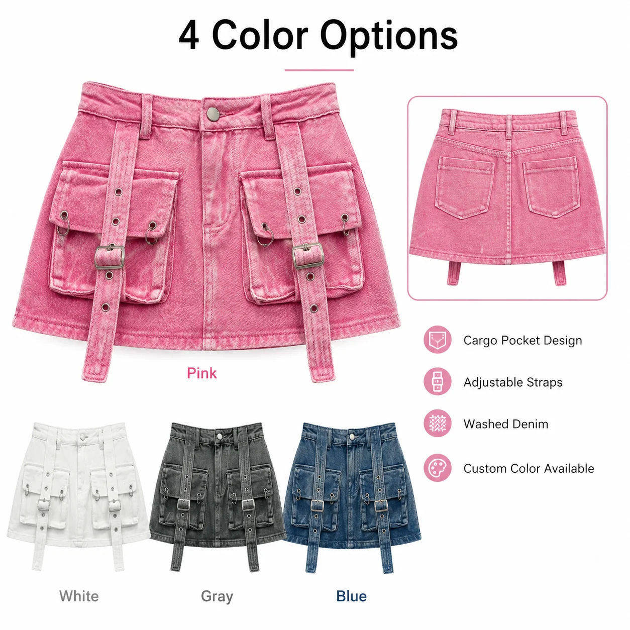 2024 Summer Women Skinny Fit and Flare Big Pocket Y2K Streetwear Cargo Denim Mini Skirt
