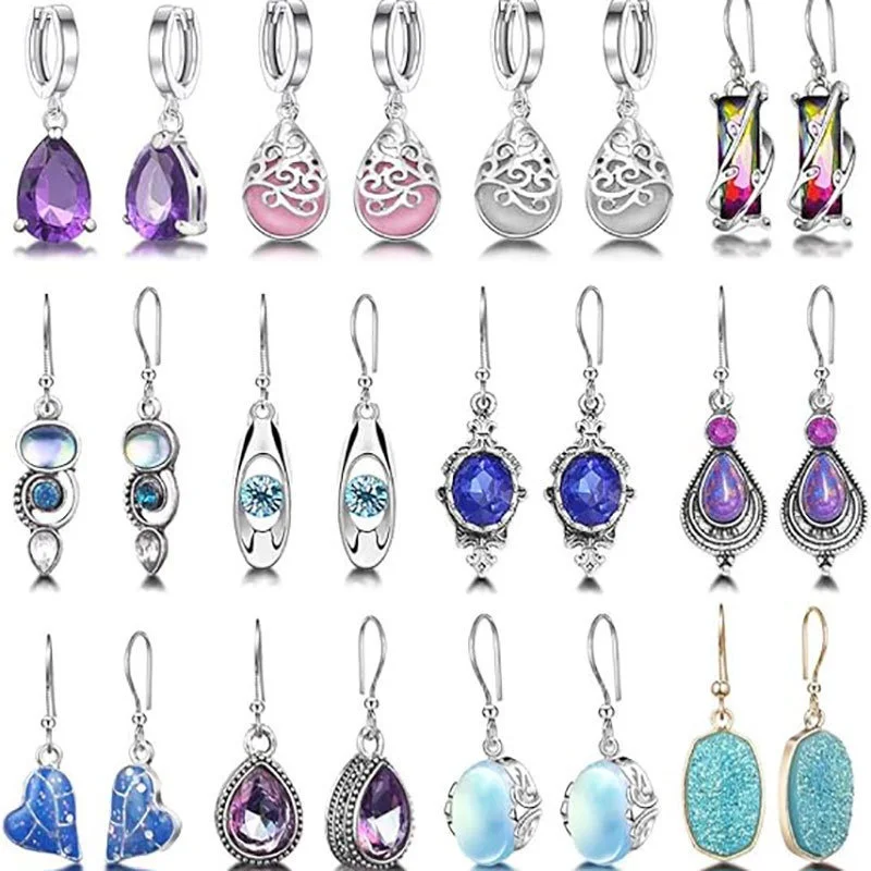 Cross-border New European American Ruby Topaz Water Drop Earrings Vintage Alloy Set 12-piece Crystal Pendant