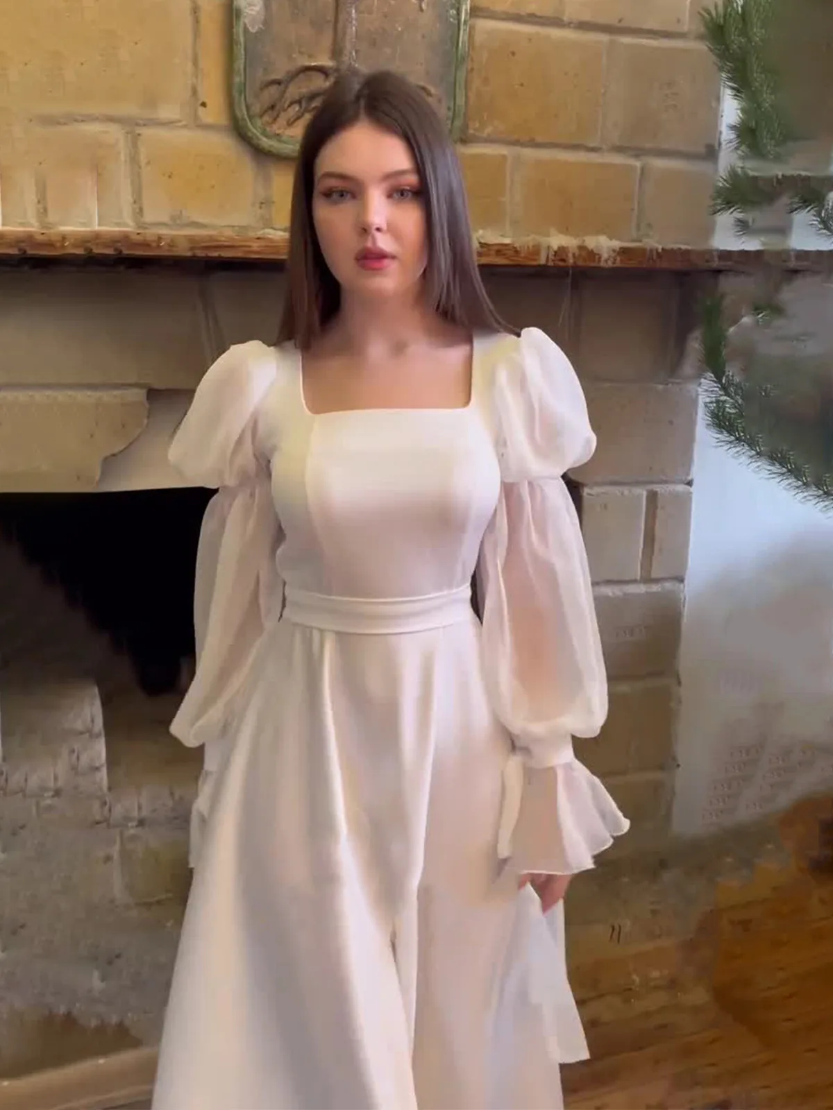 Spring 2025 French Style Sweet Holiday Dress White Square Collar Puff Sleeve Long Dresses Women Elegant Prom Party Dress Casual