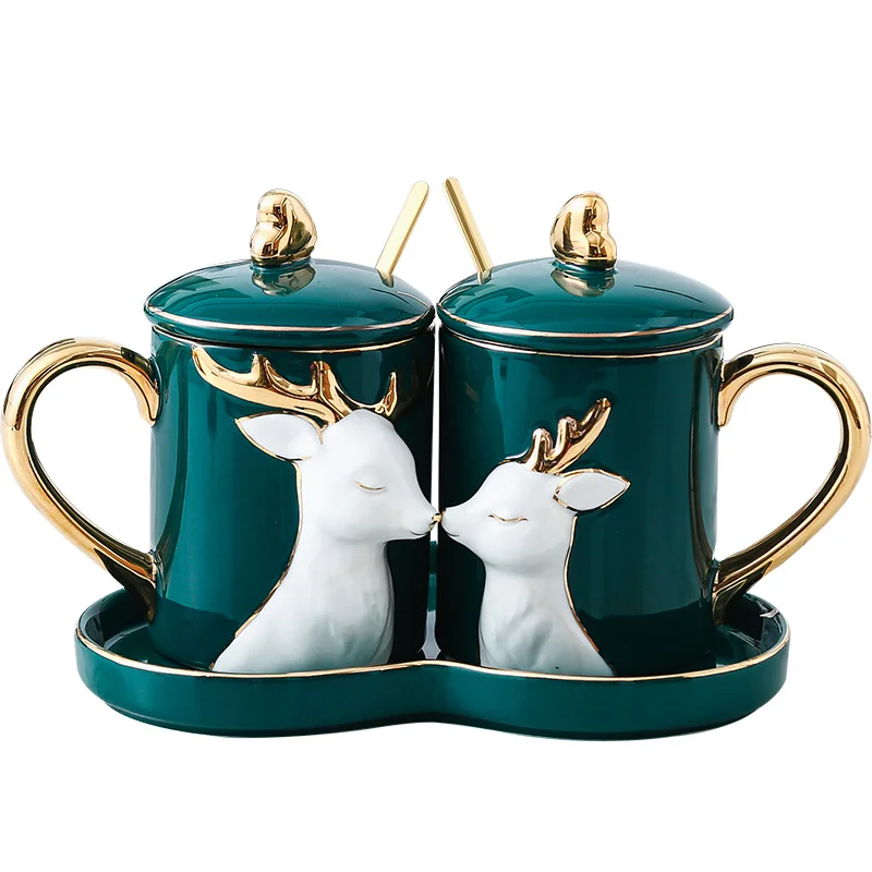 Set of 2 Nordic Mug Couple Pair Cup Creative Spoon with Lid Ceramic Love Cup Tray Lid Valentine Day Wedding Gift Box Milk Mugs